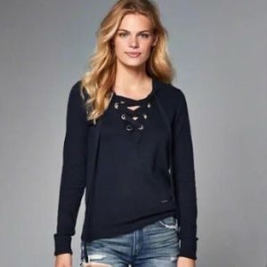 Navy Blue Abercrombie & Fitch Eyelet Lace Up Pullover Sweater